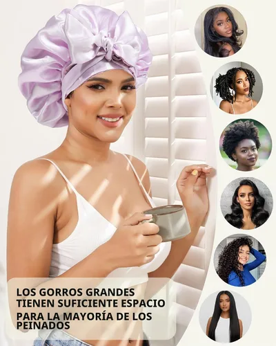 Vista 6 de Gorras de satén de seda para mujeres, envoltura de cabello rizado para dormir, gorra reversible con banda de corbata, gorra de dormir de doble capa