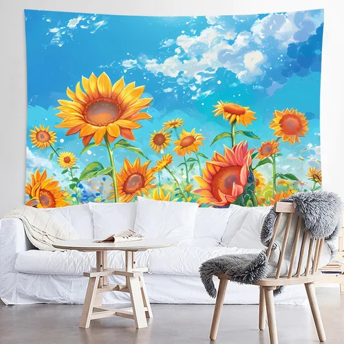 Vista 8 de WODEJIAFANG Tapiz estético de tela para pared, tapiz decorativo de girasol, fondo de oficina, divisor de habitación para dormitorio, jardín al aire