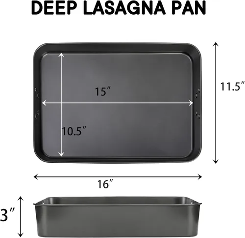 Vista 2 de Jucoan Sartén para lasaña de 3 pulgadas de profundidad, 16 x 11.5 pulgadas, cacerola grande para horno, platos antiadherentes para hornear, bandeja