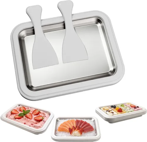 Vista 8 de Máquina de helados enrollada, placa manual de acero inoxidable para hacer rollos de helado con 2 raspadores, bandeja de postre congelado casera,