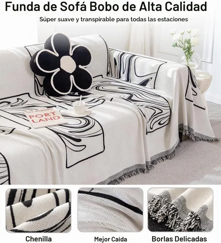 Vista 2 de Funda de sofá bohemia de chenilla, suave, apta para mascotas, protector de muebles multiusos con borlas Boho 3 Murales Franceses Negro