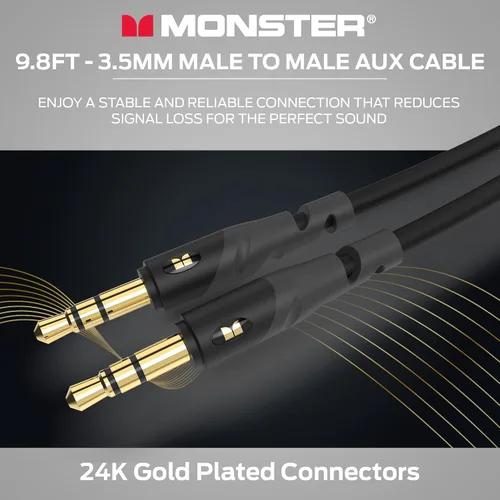 Vista 3 de Monster Gen1 Essentials - Cable de audio macho a macho, cable auxiliar de 9.8 pies con chaqueta Duraflex, conectores chapados en oro, cable auxiliar