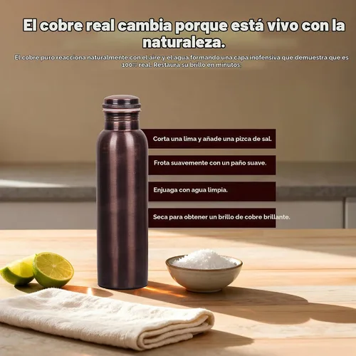 Vista 7 de Botella de agua de cobre 100% puro para beber, botella de cobre ayurvédico con acabado liso, a prueba de fugas, boca ancha, reutilizable y sin BPA