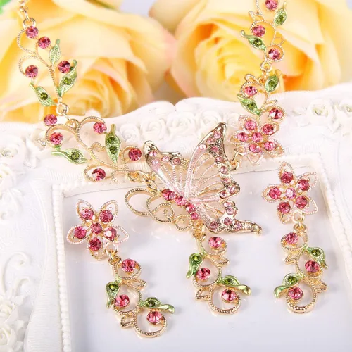 Vista 5 de EleQueen Conjunto de pendientes y collar de hojas de mariposa de cristal austriaco para mujer