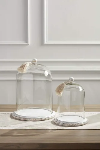 Vista 4 de Mud Pie Cloche decorativo con base de cuentas grande, color blanco