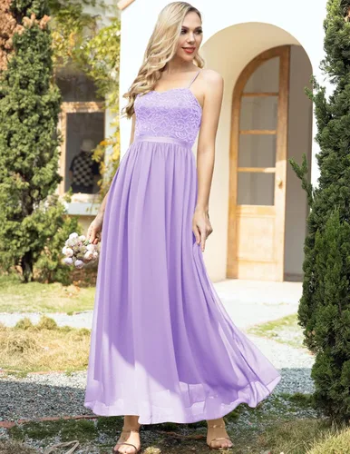 Vista 2 de DRESSTELLS Vestidos largos formales para mujer vestidos de dama de honor de gasa vestidos formales largos con tirantes delgados y vestidos de noche