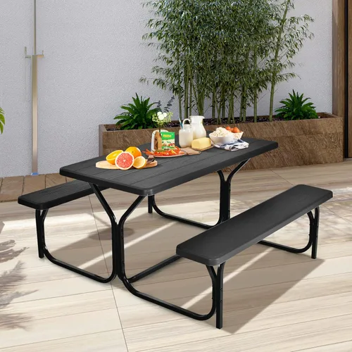 Vista 9 de ORALNER Mesa de picnic, mesa de comedor de resina y 2 bancos, mesa de grano de madera resistente a la intemperie y marco de acero, mesas de picnic