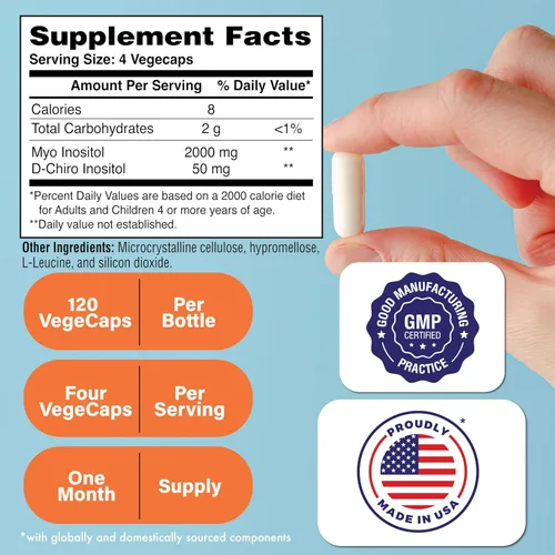Vista 2 de Health Thru Nutrition Suplemento de inositol 40:1 mio-inositol a D-quiro-inositol relación 2050mg por porción 120 cápsulas Certificado vegano