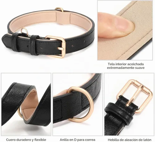Vista 4 de WHIPPY Collar de cuero para perro pequeño, mediano y grande, ajustable, suave, transpirable, acolchado, de cuero con hebilla de aleación, resistente