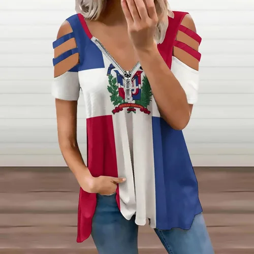 Vista 2 de Elegante camiseta casual con diseño de bandera dominicana BE con cremallera y hombros descubiertos para mujeres y niñas, verano, playa, talla L