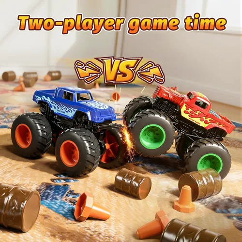 Vista 3 de Camión monstruo de 27 piezas con alfombra de juego Arena y carcasas 1:64 Mini camiones de juguete con rampas y barriles, juego de carreras
