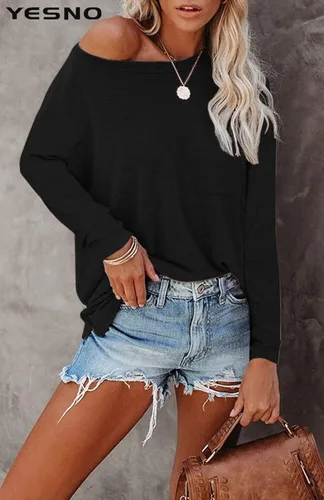 Vista 2 de YESNO Camisas casuales de manga larga para mujer, cuello redondo, color liso, sudaderas con bolsillo TY2