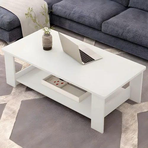 Vista 6 de Mesa auxiliar rectangular moderna con estante de almacenamiento y 4 patas de madera, mesa rectangular para sala de estar, simple, moderna, creativa