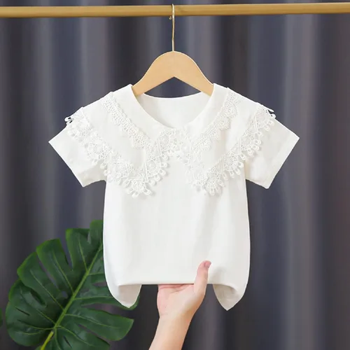 Vista 3 de Blusa bordada de encaje para niña pequeña, manga corta, cuello de muñeca de algodón, camiseta de uniforme escolar