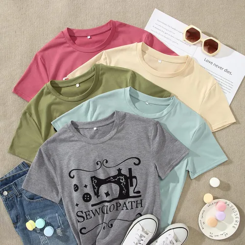 Vista 6 de Camiseta de mujer para amantes de la costura con estampado de costura, divertida máquina de coser con cuello redondo, manga corta, casual