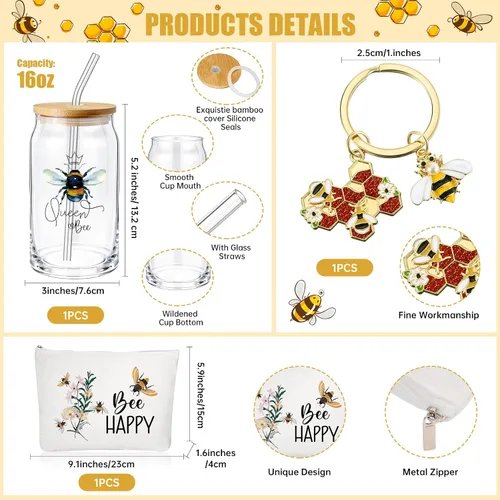 Vista 2 de Hushee - 3 piezas de regalos temáticos de abeja, bolsa de maquillaje feliz y taza de vidrio con tapa, llavero inspirador para profesores, amigas