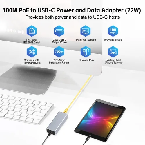 Vista 2 de MokerLink Convertidor PoE a Tipo-C, salida USB C 5V/3A o 9V/2.22A con Ethernet, IEEE802.3af/at 10/100Mbps PoE en, carga PD y red cableada