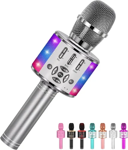 Vista 12 de Amazmic Máquina de Micrófono de Karaoke para Niños, Micrófono Bluetooth Portátil, Micrófono de Karaoke Inalámbrico de Mano con Luces LED, Regalo