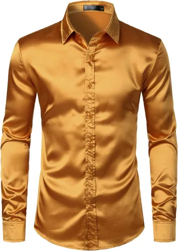 Vista 2 de ZEROYAA Camisas de vestir con botones de satén de seda brillante de lujo para hombre