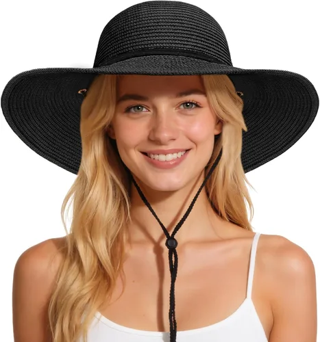 Vista 10 de Sombreros de sol para mujer, sombrero de playa de paja de ala ancha de Beige claro