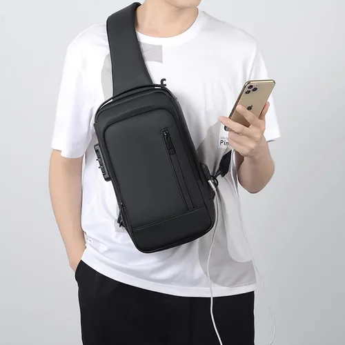 Vista 4 de Pequeñas bolsas antirrobo para hombre, mochila con correa USB, impermeable, ligera, con una correa, Negro -, Mochilas Daypack