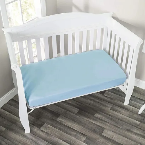 Vista 4 de Sábana bajera ajustable para cuna de popelín de algodón estándar para cuna, funda de colchón de 28 x 52 pulgadas, color azul sólido, sábana