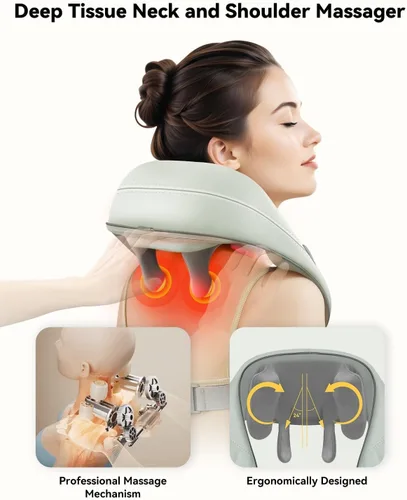 Vista 2 de Snailax - Almohada masajeadora inalámbrica para cuello y hombros con calor, amasamiento profundo 4D, masajeador Shiatsu para la espalda, almohada
