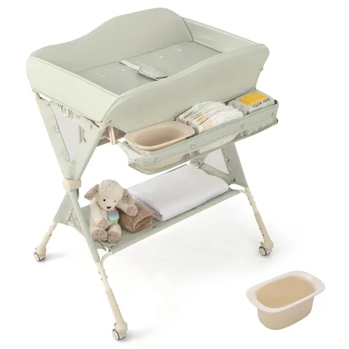 Vista 11 de BABY JOY Cambiador portátil para bebé, estación de cambio de pañales plegable con ruedas, altura ajustable, estante de almacenamiento grande, lavabo