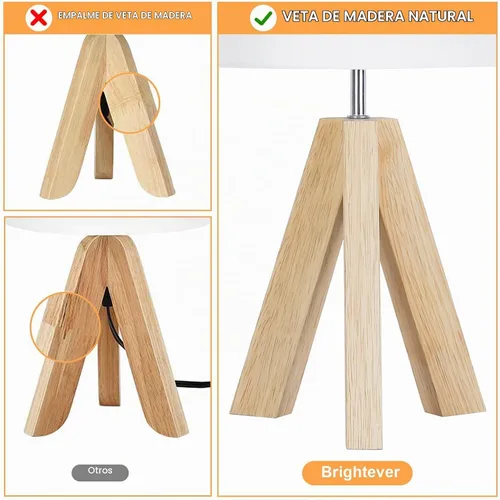 Vista 5 de Brightever - Lámpara de mesa pequeña con trípode de madera con pantalla de tela blanca, bonita mesita de noche bohemia minimalista lámpara