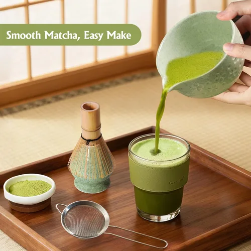 Vista 6 de Juego de té de batidor matcha: kit de matcha japonés – Cuenco de cerámica de bambú con soporte para cuchara medidora, cuchara medidora, práctica