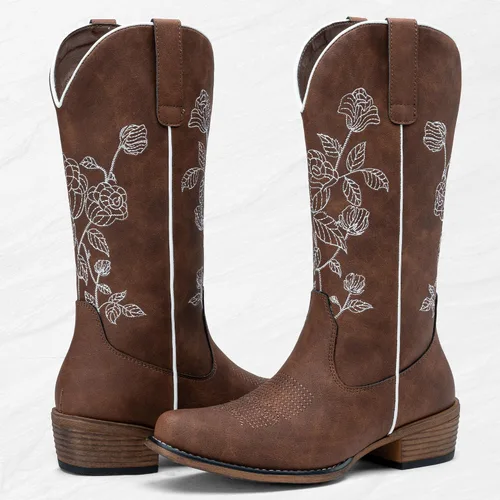 Vista 5 de Jeossy Botas vaqueras a media pantorrilla con bordado de flores, tacón bajo, botas vaqueras occidentales 9807 para mujer