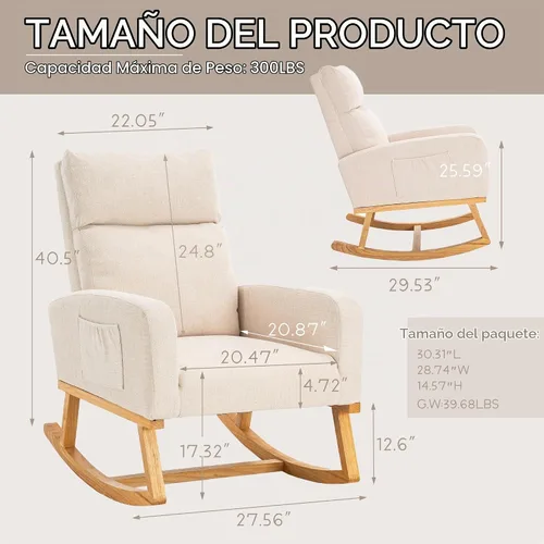 Vista 2 de Mecedora para guardería, sillas de acento modernas tapizadas de lino para enfermería, sillón acolchado para sala de estar interior, dormitorio, beige
