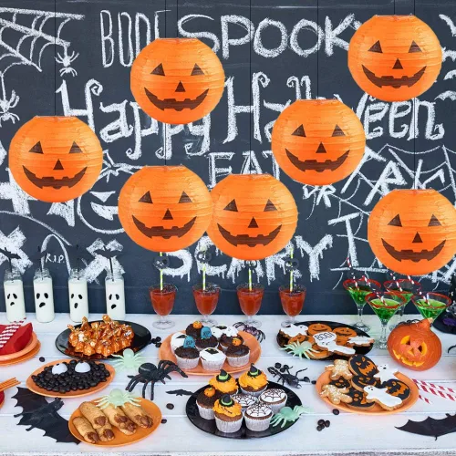 Vista 5 de 10 faroles de papel de calabaza de Halloween, farol Jack O Lantern de papel colgante de calabaza para fiestas de Halloween, decoración de jardín, 12