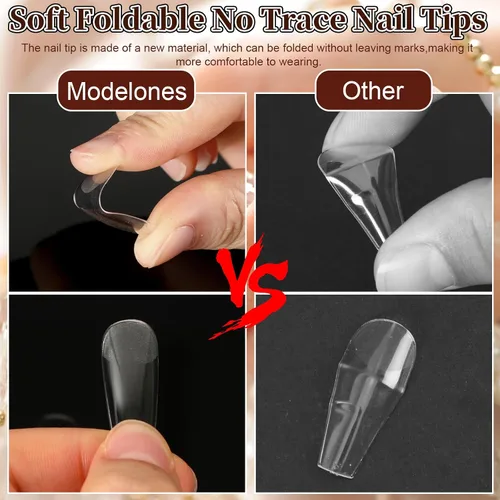 Vista 3 de FEBSNOW 600 piezas de puntas de uñas postizas largas estilo ataúd, uñas de gel transparentes de cobertura completa, estilo bailarina, autoadhesivas