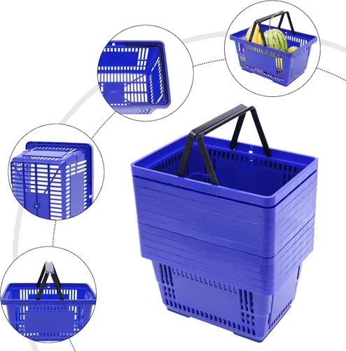 Vista 3 de 12 cestas de compras de 18 litros con asas, cestas de compras, carritos de comestibles con asas, cestas de plástico para tiendas de comestibles