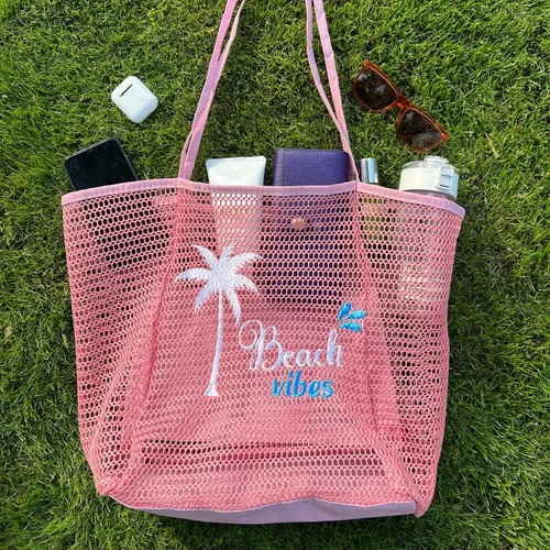 Vista 6 de ukia Bolsa de playa de malla, bolsas de playa de gran capacidad para mujer, bolsa de playa plegable con bolsillo con cremallera