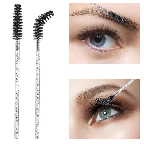 Vista 3 de 100 piezas de varitas de rímel desechables, cepillos espirales de cejas de cristal para extensiones de pestañas, cepillos de pestañas negros