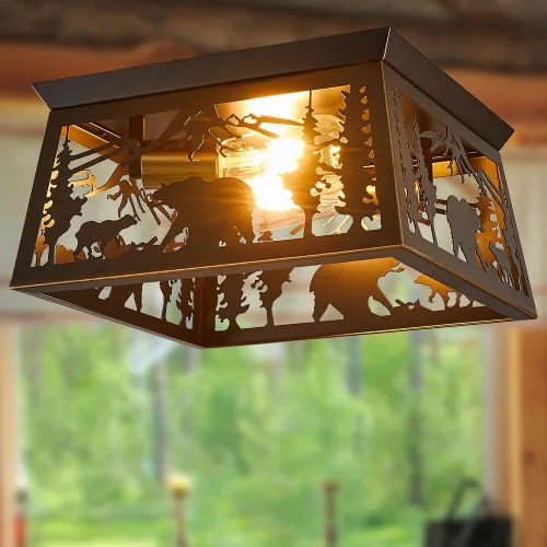Vista 7 de Lámpara rústica, lámpara de techo empotrada de 2 luces, diseño de oso de metal para dormitorio, vestíbulo, entrada, pasillo, montaje en techo