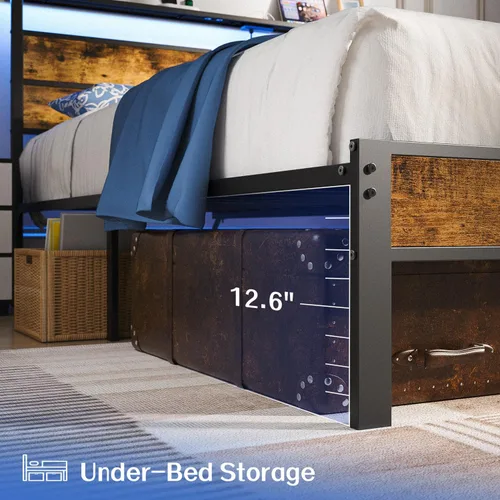 Vista 6 de Liians Base de cama tamaño King con cabecera de estación de carga USB tipo C, luces LED inteligentes, plataforma de metal sin ruido, no necesita