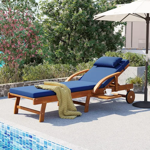 Vista 37 de Tumbona reclinable para patio al aire libre con respaldo ajustable de 5 posiciones y mesa auxiliar de madera, silla lounge para todo tipo de clima