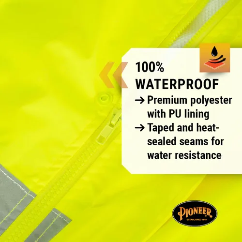Vista 2 de Pioneer Equipo de lluvia de alta visibilidad Chaqueta de seguridad y pantalones con peto – Alta visibilidad, impermeable, traje de trabajo de PVC