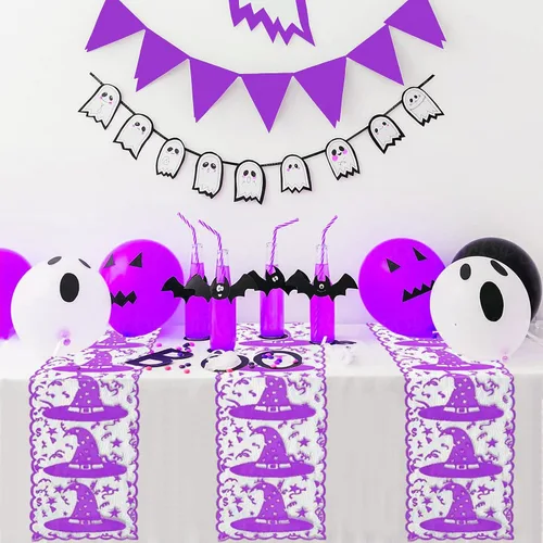 Vista 5 de Camino de mesa de Halloween – Camino de mesa de encaje con sombrero de bruja para decoraciones de mesa de Halloween – Máscara de Halloween, cena