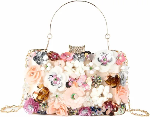 Vista 14 de Bolso de mano con flores para mujer, con cadena, para la noche, bolso de hombro Negro