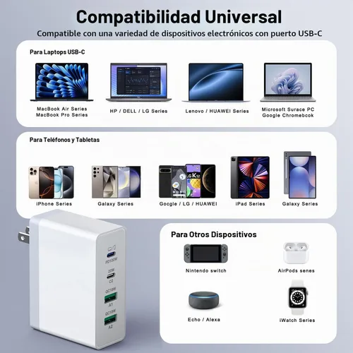 Vista 2 de sccvee Cargador USB C de 140 W GaN, adaptador de corriente para portátil de 100 W, bloque de carga rápido, estación de carga de 4 puertos USB C 140W