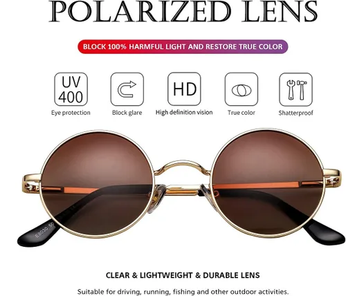Vista 3 de PORADAY Circle Lennon - Gafas de sol polarizadas redondas retro, estilo hippie, gafas de sol de círculo pequeño