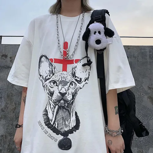 Vista 2 de Camiseta gótica de verano para mujer, diseño gráfico Harajuku gótico de anime, novedad Esfinge Gato Blanco