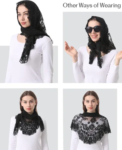 Vista 5 de Bozidol Velo de mantilla triangular para mujer estilo español bordado de camelia bufanda de encaje con flecos para misa latina