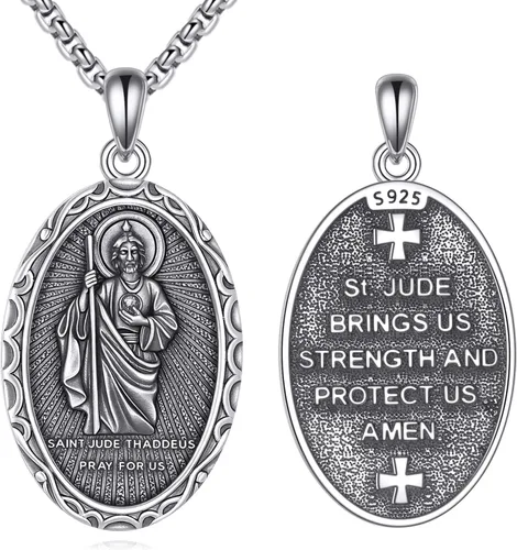 Vista 8 de Collar de Santo Patrón Plata de Ley 925 Colgante Medallón Amuleto Ovalado con Cadena de 22+2 Pulgadas Regalo de Joyería para Hombres y Mujeres