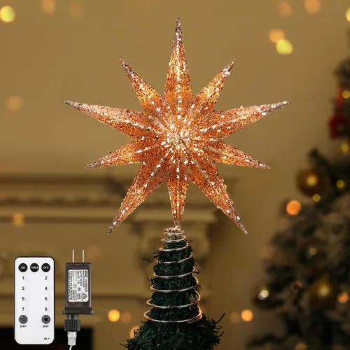 Vista 13 de Lewondr Decoración para árbol de Navidad, decoración de árbol de Navidad con forma de estrella en 3D con diseño de explosión de estrellas, control