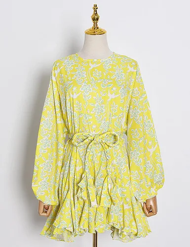 Vista 2 de meilun Mini vestido de verano de manga larga con cinturón, estampado floral, mini vestido de playa para vacaciones